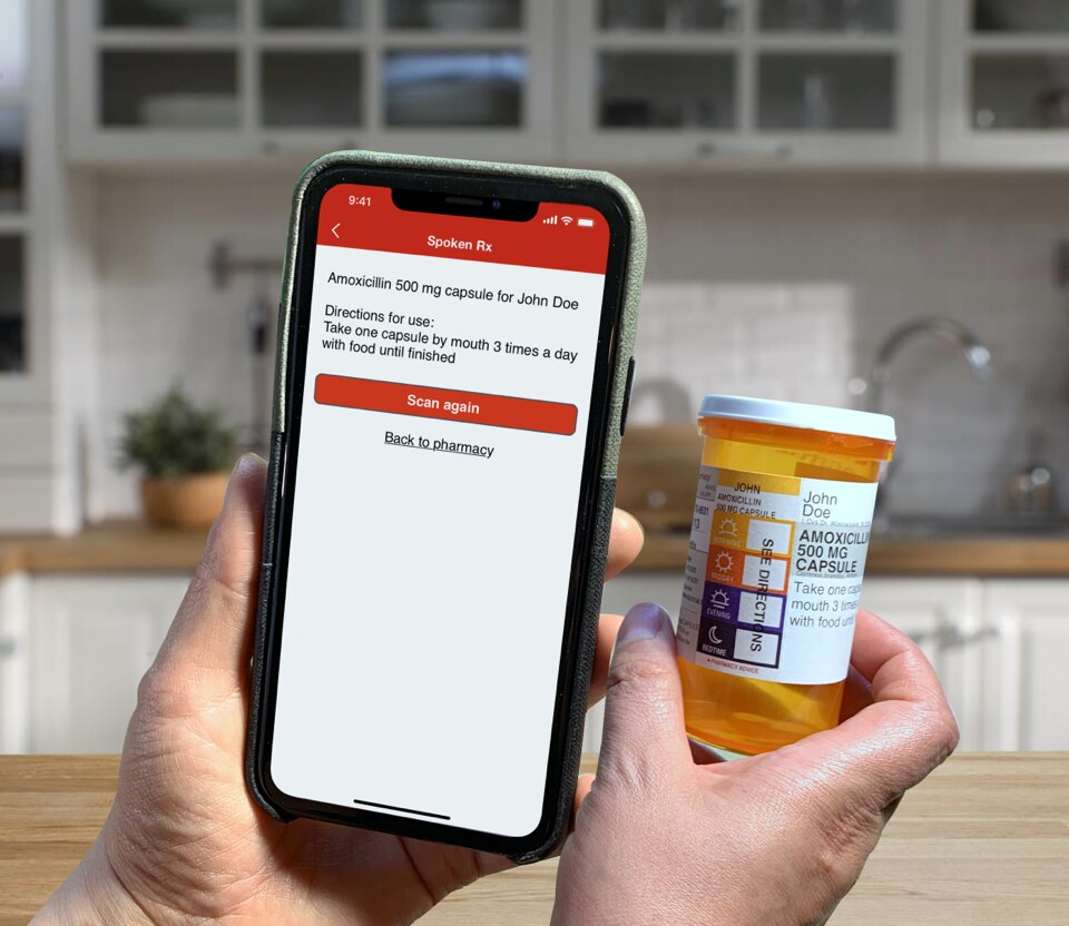 Spoken Rx RFID-tagged prescription label being read by CVS Pharmacy app