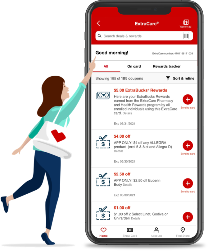 Illustration of a smiling woman interacting with the CVS app on an enlarged mobile phone. Learn more about ExtraCare now.