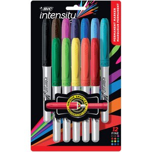 Bic Mark-It Permanent Marker, Fine Point, Assorted - 12 markers