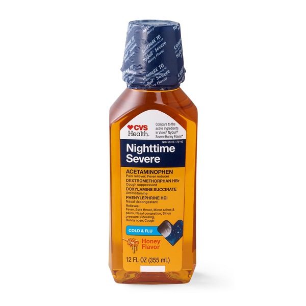 CVS Health Nighttime Severe Cold and Flu Liquid Relief, 12 OZ, Honey