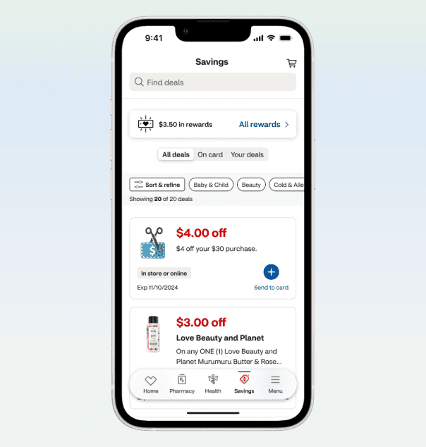 The savings tab of the CVS health app.
