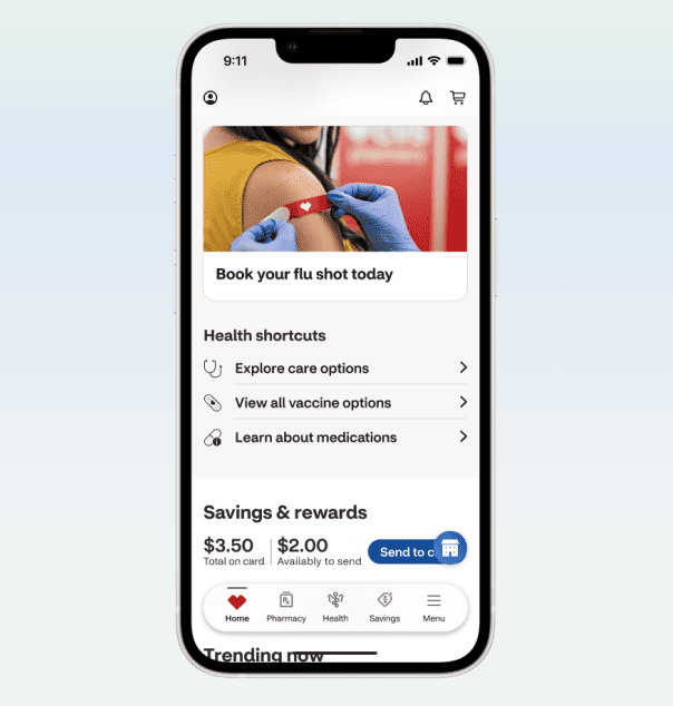 The pharmacy tab on the CVS health app.