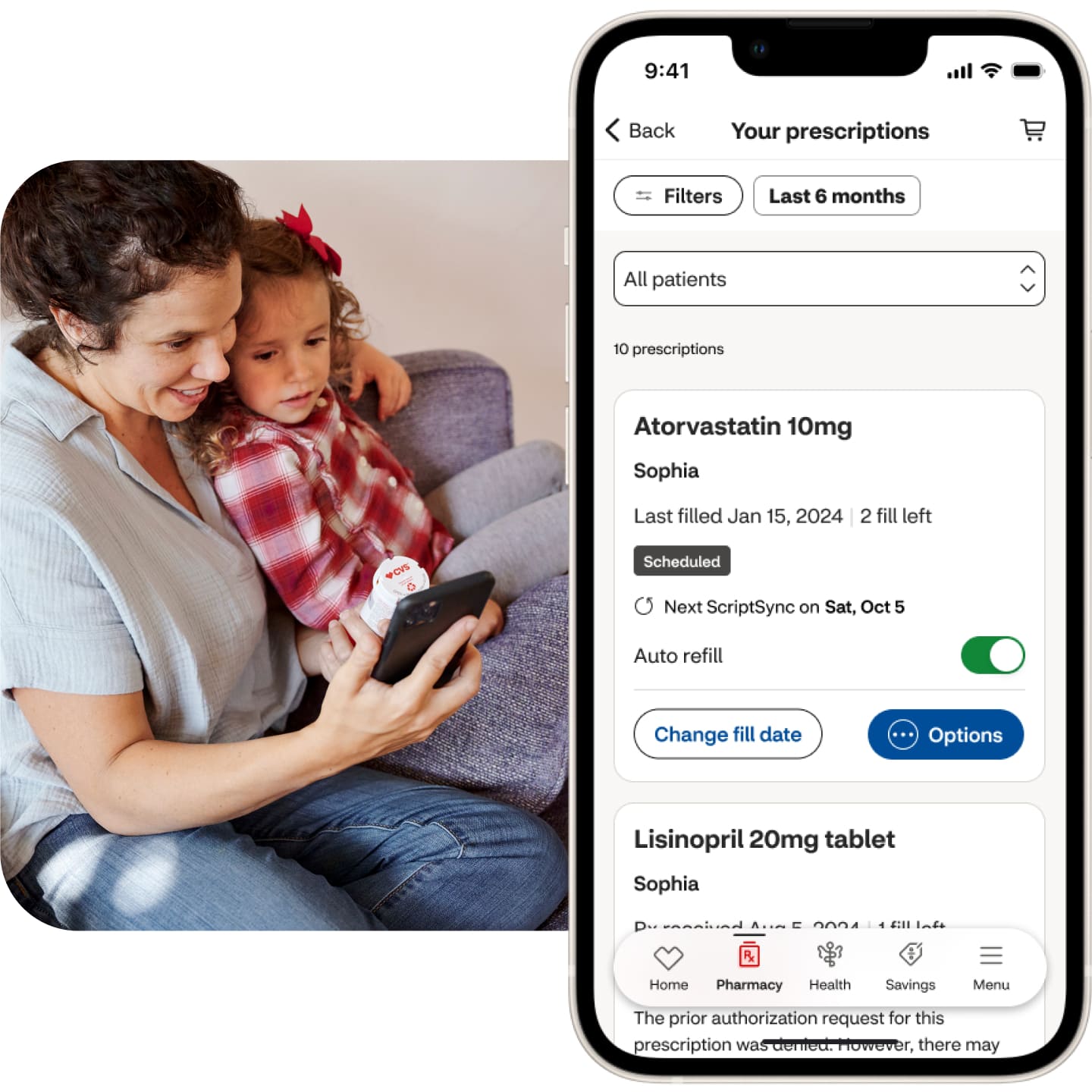 A CVS customer and her child review prescription information through the CVS health app.
